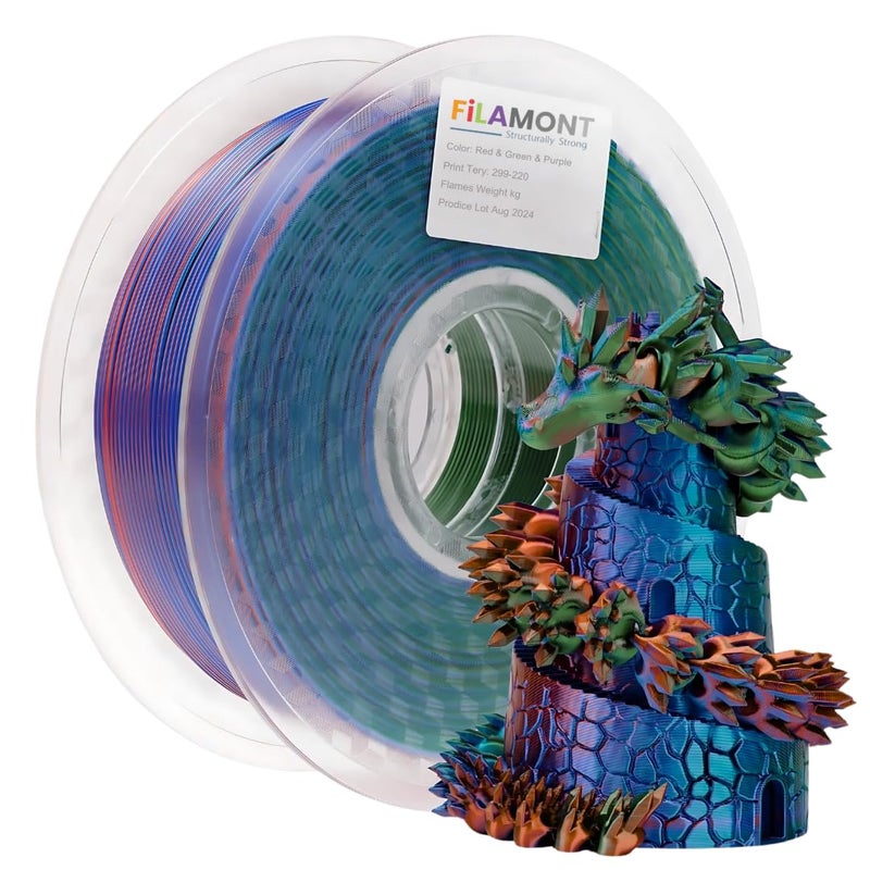 Protomont TECHNOLOGIES FiLAMONT PLA Silk Filament 1.75mm, 3D Printer Filament, Shiny Silk 1.75 PLA Filament, 1kg(2.2Lbs)/Spool (Silk RED Green Purple) - Image 1
