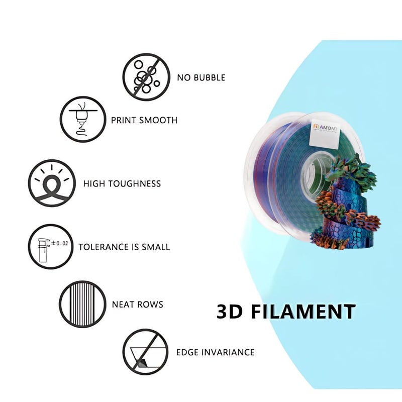 Protomont TECHNOLOGIES FiLAMONT PLA Silk Filament 1.75mm, 3D Printer Filament, Shiny Silk 1.75 PLA Filament, 1kg(2.2Lbs)/Spool (Silk RED Green Purple) - Image 5