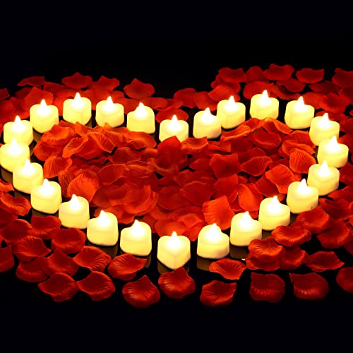 cridoz 2000 Pieces Artificial Rose Petals with 24 LED Tea Lights Candles, Romantic Decorations Special Night Set for Night, Valentine's Day, Wedding Anniversary or Table Décor, Warm White - Image 1