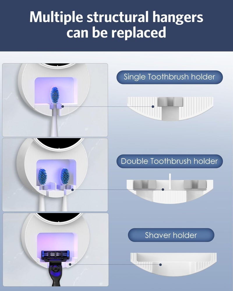 Toothbrush & Razor Cleaner with UV Sanitizer, Portable Rechargeable Toothbrush Holder, Auto Inductive Open/Close Cover, 3 in 1 Detachable Mount for Single or Dual Toothbrushes or Razor - Image 3