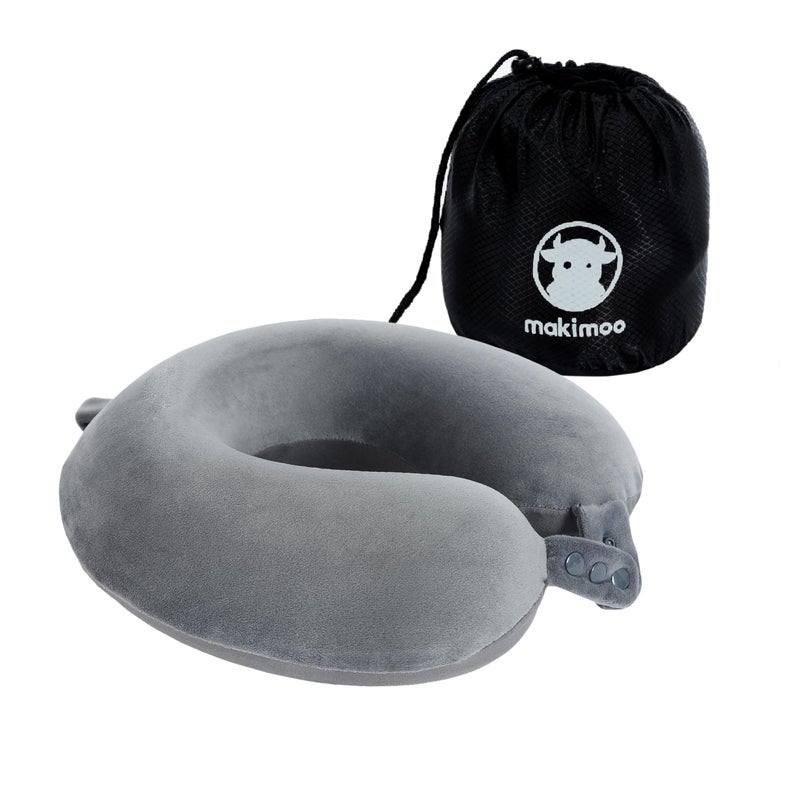 Makimoo Travel Neck Pillow Top Memory Foam Pillow for Head Support Ideal for Airplanes Cars and Home Recliners Adjustable and Soft Grey