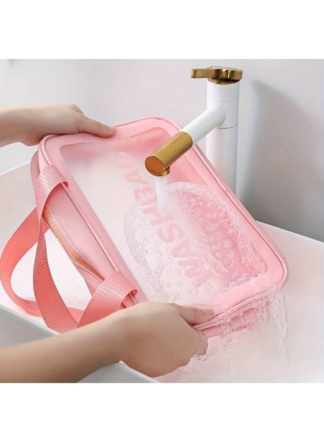 Clear PVC Makeup Pouch Set of 3 for Women & Girls | Waterproof Cosmetic Organizer Bags | Travel Toiletry Bag, Wash Bag, Portable Makeup Storage Case, Bathroom & Travel Accessories(Pink -3 Pcs) - Image 2
