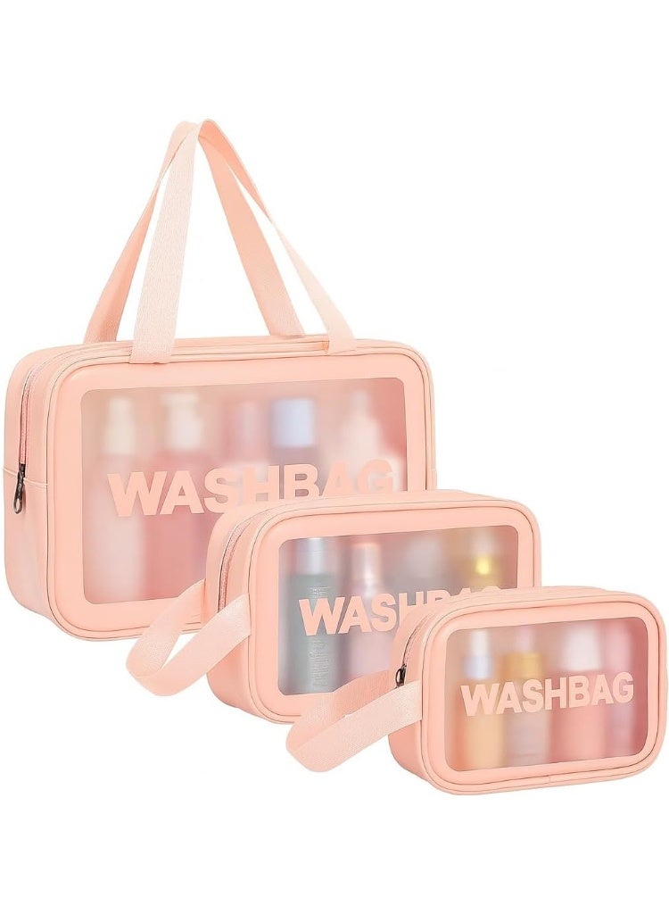 Clear PVC Makeup Pouch Set of 3 for Women & Girls | Waterproof Cosmetic Organizer Bags | Travel Toiletry Bag, Wash Bag, Portable Makeup Storage Case, Bathroom & Travel Accessories(Pink -3 Pcs) - Image 1