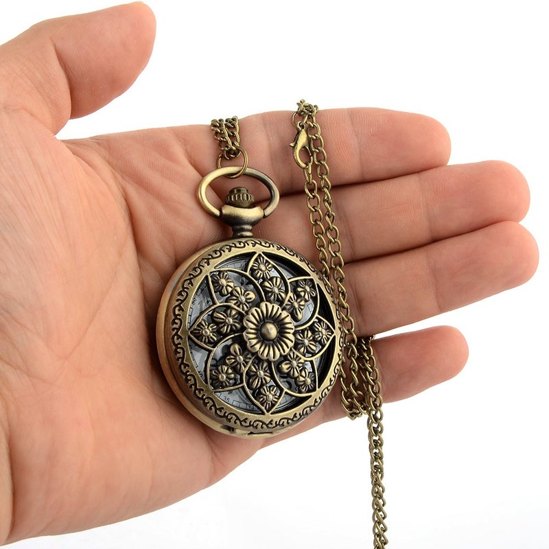 Avaner Antique Bronze Retro Hollow Rose Flowers Openwork Quartz Pocket Watch for Women - Image 4