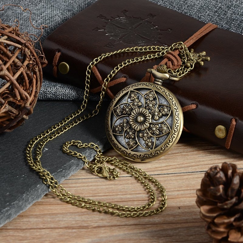 Avaner Antique Bronze Retro Hollow Rose Flowers Openwork Quartz Pocket Watch for Women - Image 5
