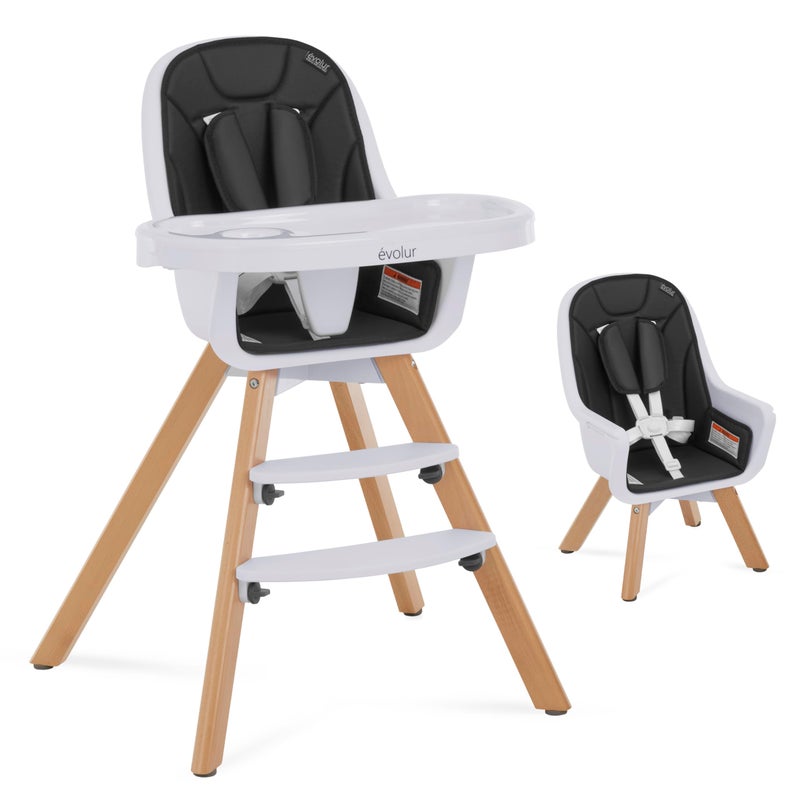 Evolur Zoodle 2 in 1 Convertible Baby High Chair Black Easy to Clean Adjustable Removable Tray Compact Portable Foldable High Chair with Adjustable Footrest