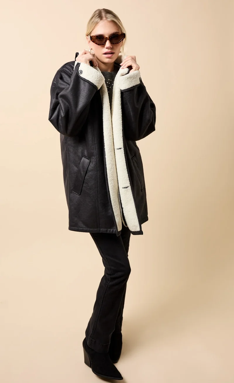 Little Mistress Black Suede Contrast Lining Borg Jacket