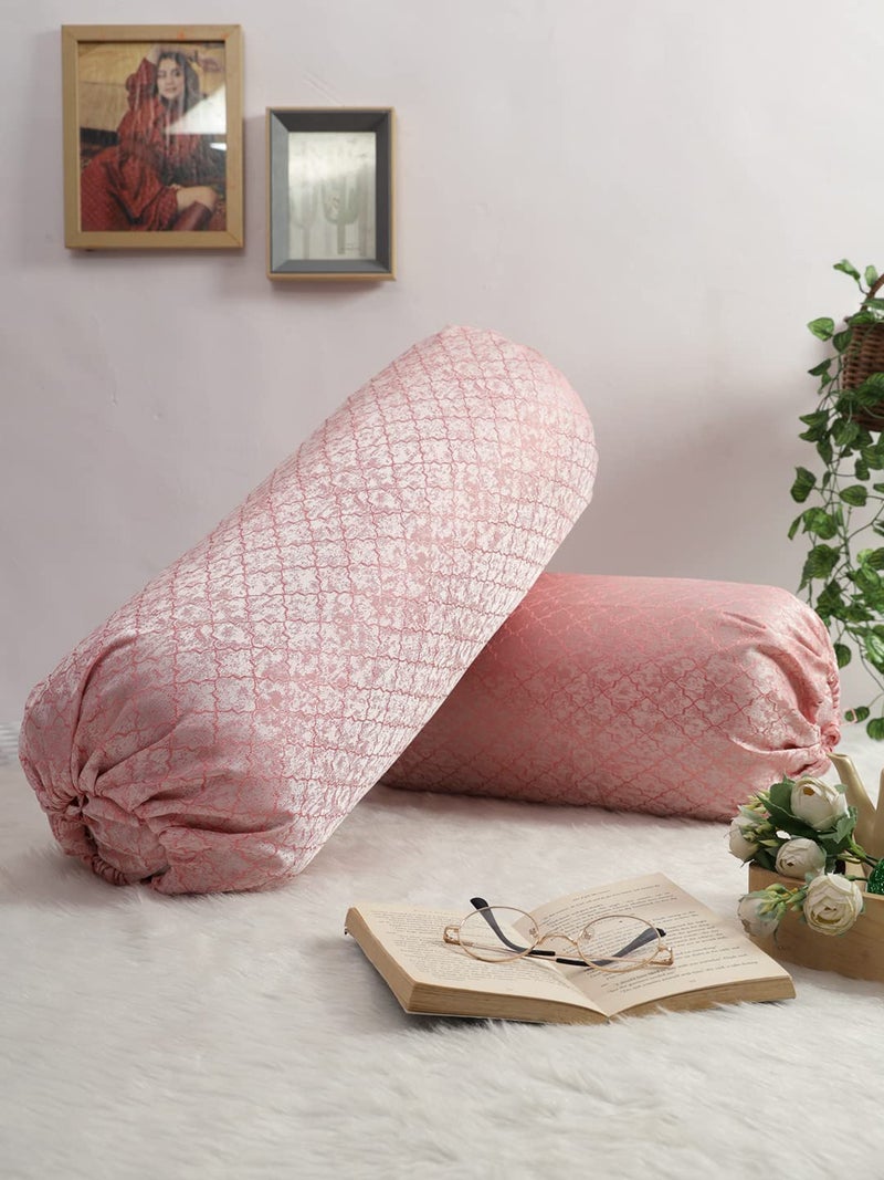 THE CONVERSION Set of 2 Premium Imported Blended Jacquard Fabric self Geometric Design Pink Color Bolster Cover/Load Cover 2 pc - 15"x30" (38 cm x 75 cm) - Image 1