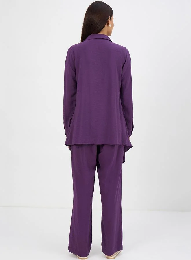 Femmella Women Purple Asymmetric Top with Trousers Co-Ords