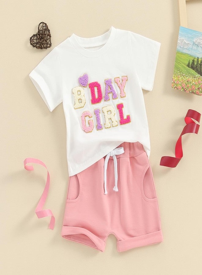 SAYOO Baby Birthday Girl Outfit Birthday Girl Print Short Sleeve T-Shirt Elastic Shorts Summer Princess 2 Piece Clothes (White Pink, 12-18 Months) - Image 2