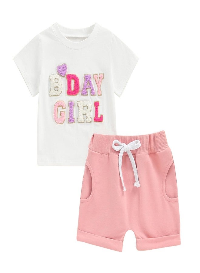 SAYOO Baby Birthday Girl Outfit Birthday Girl Print Short Sleeve T-Shirt Elastic Shorts Summer Princess 2 Piece Clothes (White Pink, 12-18 Months) - Image 1