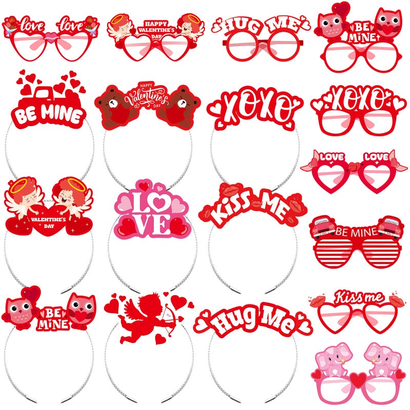 Kingdder 18 Pcs Valentine's Day Headband and Eyeglasses Set, Valentines Glasses Photo Props Cupid Headband Heart Glasses for Adults Party Costume Supplies Decoration - Image 1