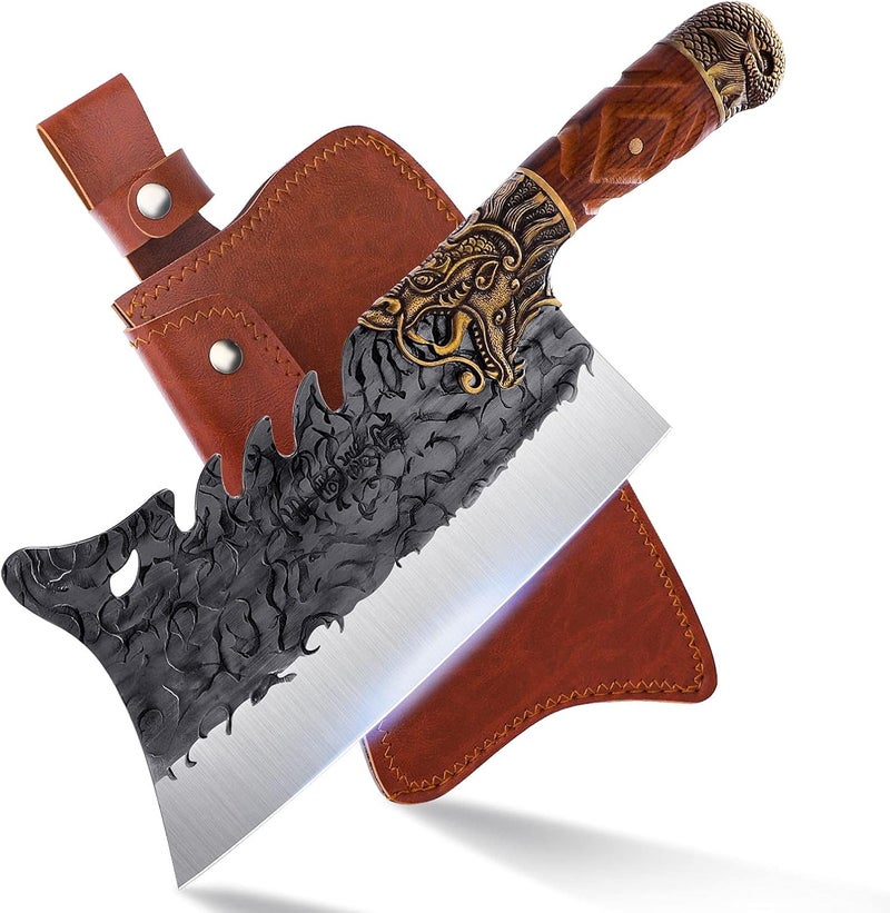 ROCOCO Cleaver Knife Meat Cutting Heavy Duty Bone Butcher Chopper Large Hand Forged Chinese Dragon Viking Cutter for Kitchen Outdoor with Sheath Birthday Father Mother Christmas Gift Men 8.6" - Image 1