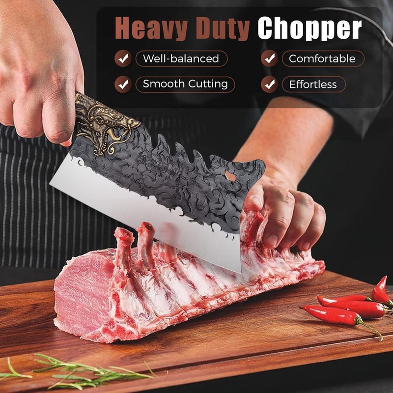 ROCOCO Cleaver Knife Meat Cutting Heavy Duty Bone Butcher Chopper Large Hand Forged Chinese Dragon Viking Cutter for Kitchen Outdoor with Sheath Birthday Father Mother Christmas Gift Men 8.6" - Image 2
