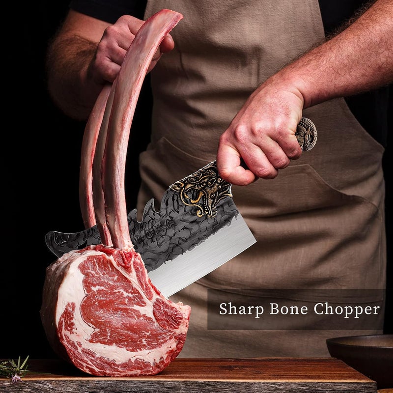 ROCOCO Cleaver Knife Meat Cutting Heavy Duty Bone Butcher Chopper Large Hand Forged Chinese Dragon Viking Cutter for Kitchen Outdoor with Sheath Birthday Father Mother Christmas Gift Men 8.6" - Image 3