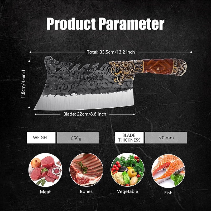 ROCOCO Cleaver Knife Meat Cutting Heavy Duty Bone Butcher Chopper Large Hand Forged Chinese Dragon Viking Cutter for Kitchen Outdoor with Sheath Birthday Father Mother Christmas Gift Men 8.6" - Image 5