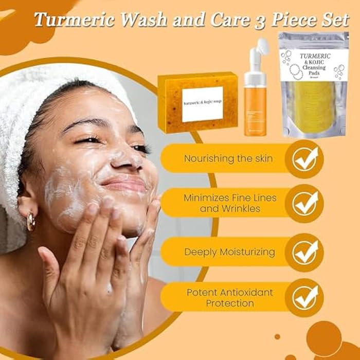 Bruiseweed Turmeric Wash and Care 3 Piece Set, Turmeric Trio: Kojic Soap Bar/Facial Pads/Face Cleansing Wash with Brush, Jabon de Curcuma, Tumeric Soap Facial Cleaner Skincare Three Set for Face & Body (A) - Image 2