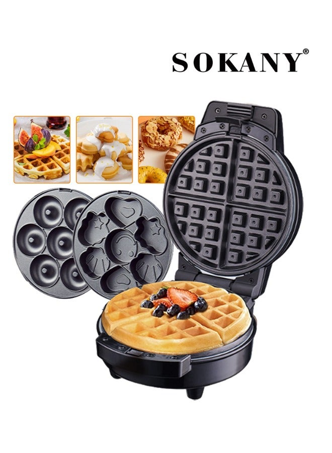 sokany 3-In-1 Non-Stick Multi Snacks Maker with Waffle/Donut/Cartoon Cake, Detachable Plates 600 SK-08006 Black/Silver - Image 1
