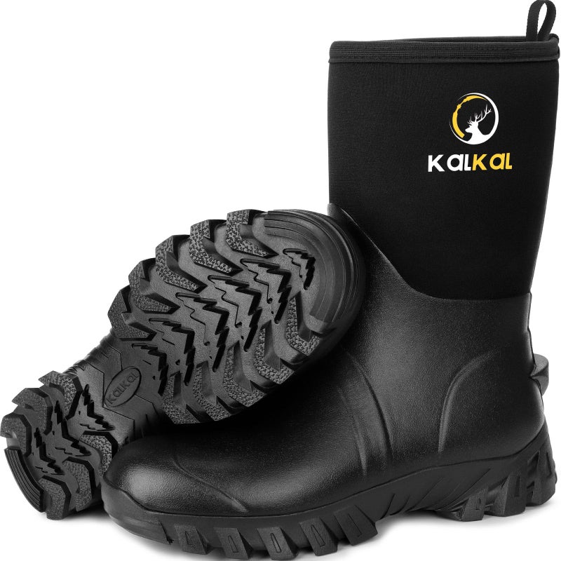Kalkal Rubber Boots For Men, Neoprene Insulated Mens Rain Boots, Waterproof Mid Calf Mud Boots, Sturdy Rubber Work Boots For Fishing Farming Gardening Hunting, Black 12 - Image 1