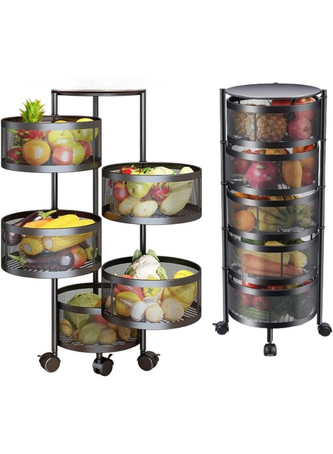 SKY-TOUCH رف تخزين المطبخ 5 طوابق بتصميم لمسة السماء، سلة فواكه وخضروات دوارة، سلة دائرية دوارة كبيرة مع 4 عجلات قابلة للتحريك - Image 1