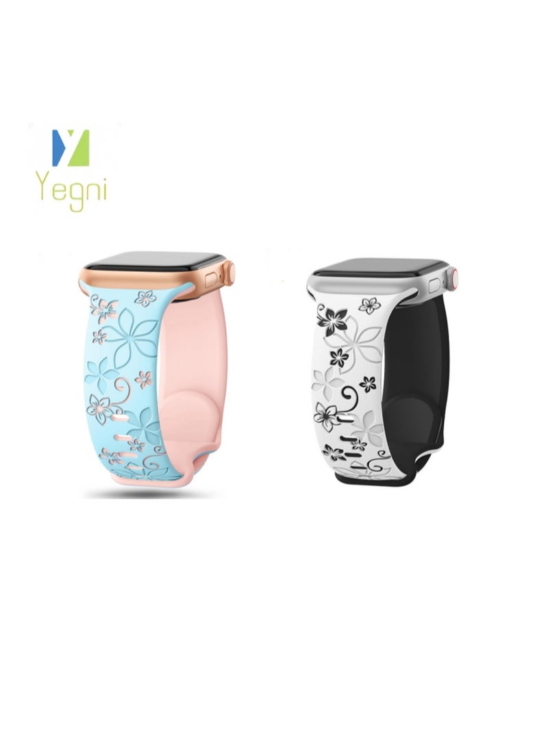 Yegni 2PCS Suitable for Apple iWatch floral bauhinia laser-engraved silicone watch band Apple Watch 3D engraved watch band - Image 1
