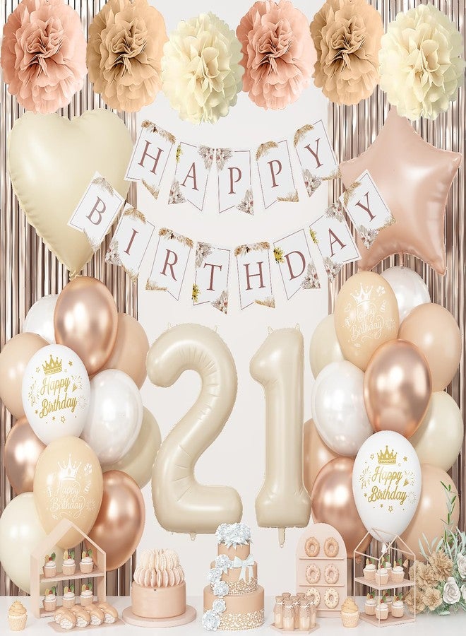 Togvu 21st Cream Birthday Decorations for Her, Beige Number 21 Heart Tan Star Balloons Neutral White Gold Nude Balloon with Boho Happy Birthday Banner Fringe Curtain Paper Pompoms Classy Girls Party Decor - Image 1