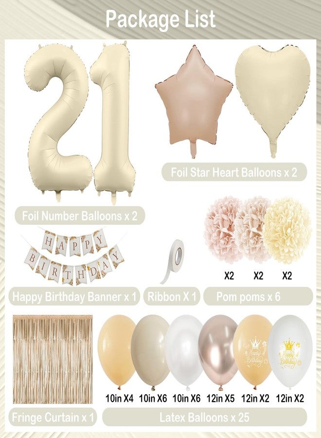 Togvu 21st Cream Birthday Decorations for Her, Beige Number 21 Heart Tan Star Balloons Neutral White Gold Nude Balloon with Boho Happy Birthday Banner Fringe Curtain Paper Pompoms Classy Girls Party Decor - Image 2