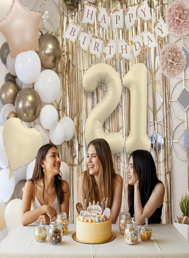 Togvu 21st Cream Birthday Decorations for Her, Beige Number 21 Heart Tan Star Balloons Neutral White Gold Nude Balloon with Boho Happy Birthday Banner Fringe Curtain Paper Pompoms Classy Girls Party Decor - Image 3
