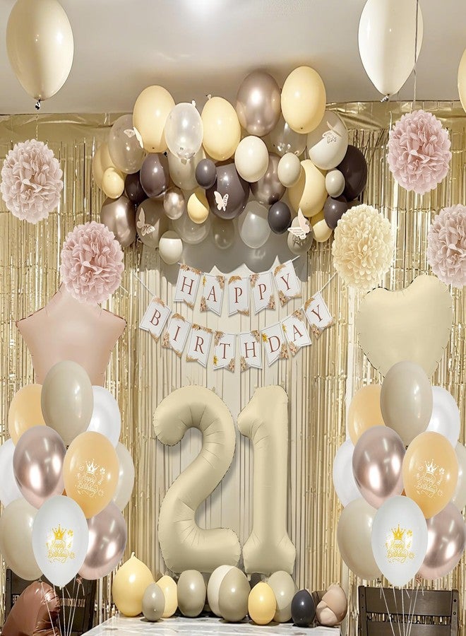 Togvu 21st Cream Birthday Decorations for Her, Beige Number 21 Heart Tan Star Balloons Neutral White Gold Nude Balloon with Boho Happy Birthday Banner Fringe Curtain Paper Pompoms Classy Girls Party Decor - Image 5