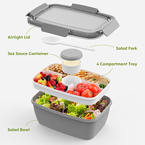 Cherrysea 2Pack Salad Lunch Container, 68oz Salad Bowls with 4 Compartments Tray,Leak Proof Lunch Box with Fork for Men,Women BPA-Free Snack Container with Sauce Container for Dressings-Grey - Image 2