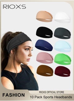 RIOXS Sports Headband,10 Pack Elastic Headbands For Men And Women,Non-Slip Sweatband For Yoga Pilates Running Gym Workout Baseball Fitness Or Casual Wear, Breathable and Sweat-Wicking  - Image 1
