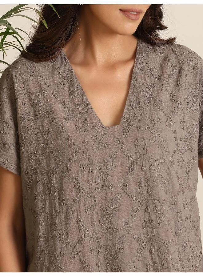 trueBrowns  trueBrowns Grey Cotton Embroidered Dress for Women | Best Price UAE