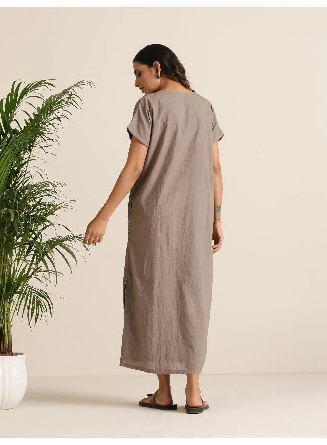 trueBrowns  trueBrowns Grey Cotton Embroidered Dress for Women | Best Price UAE