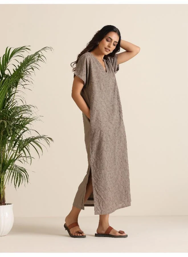 trueBrowns  trueBrowns Grey Cotton Embroidered Dress for Women | Best Price UAE