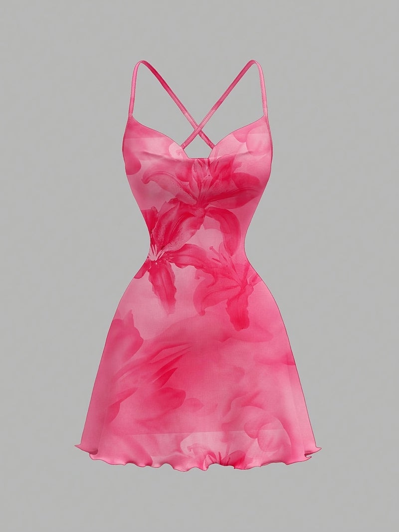 Women'S Elegant Pink Floral Print Suspender Swing Collar A-Line Back Strap Cross Backless Dress Suitable for Dating Parties Gatherings Beach Vacations - Image 2