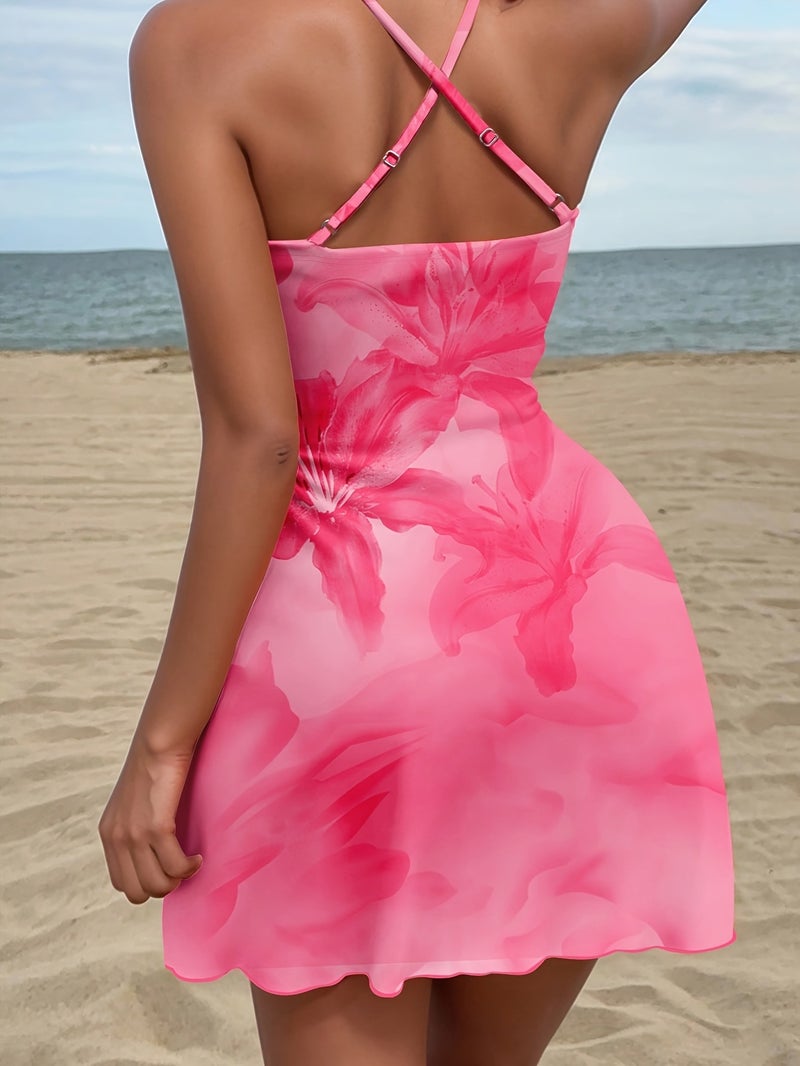 Women'S Elegant Pink Floral Print Suspender Swing Collar A-Line Back Strap Cross Backless Dress Suitable for Dating Parties Gatherings Beach Vacations - Image 3