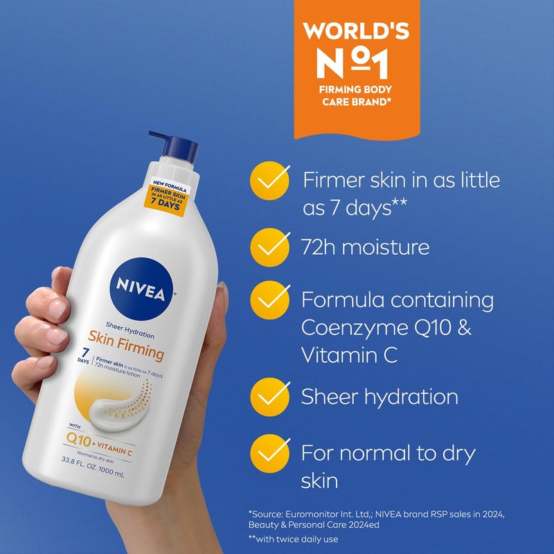 NIVEA Sheer Hydration Skin Firming Body Lotion with Q10 and Vitamin C, 72-Hour Body Moisturizer for Normal to Dry Skin, 33.8 Fl Oz Value Size Pump Bottle - Image 3