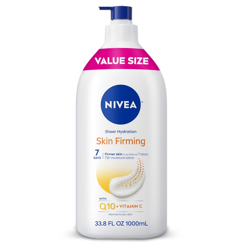 NIVEA Sheer Hydration Skin Firming Body Lotion with Q10 and Vitamin C, 72-Hour Body Moisturizer for Normal to Dry Skin, 33.8 Fl Oz Value Size Pump Bottle - Image 1