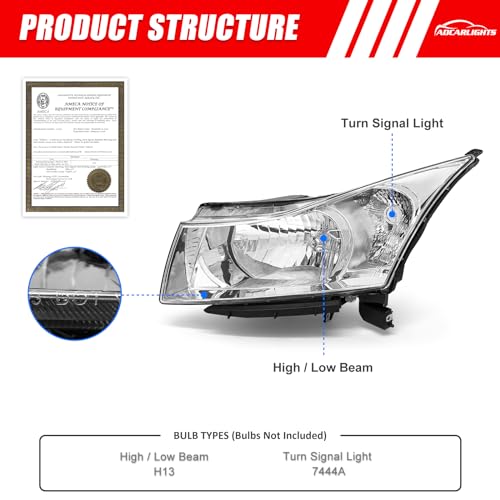 ADCARLIGHTS Headlight Assembly for 2011 2012 2013 2014 2015 Chevy Cruze LS/LT/LTZ 2016 Chevrolet Cruze Limited Chrome Housing with Clear Reflector Headlamp Replacement Pair（W/O Bulbs） - Image 3