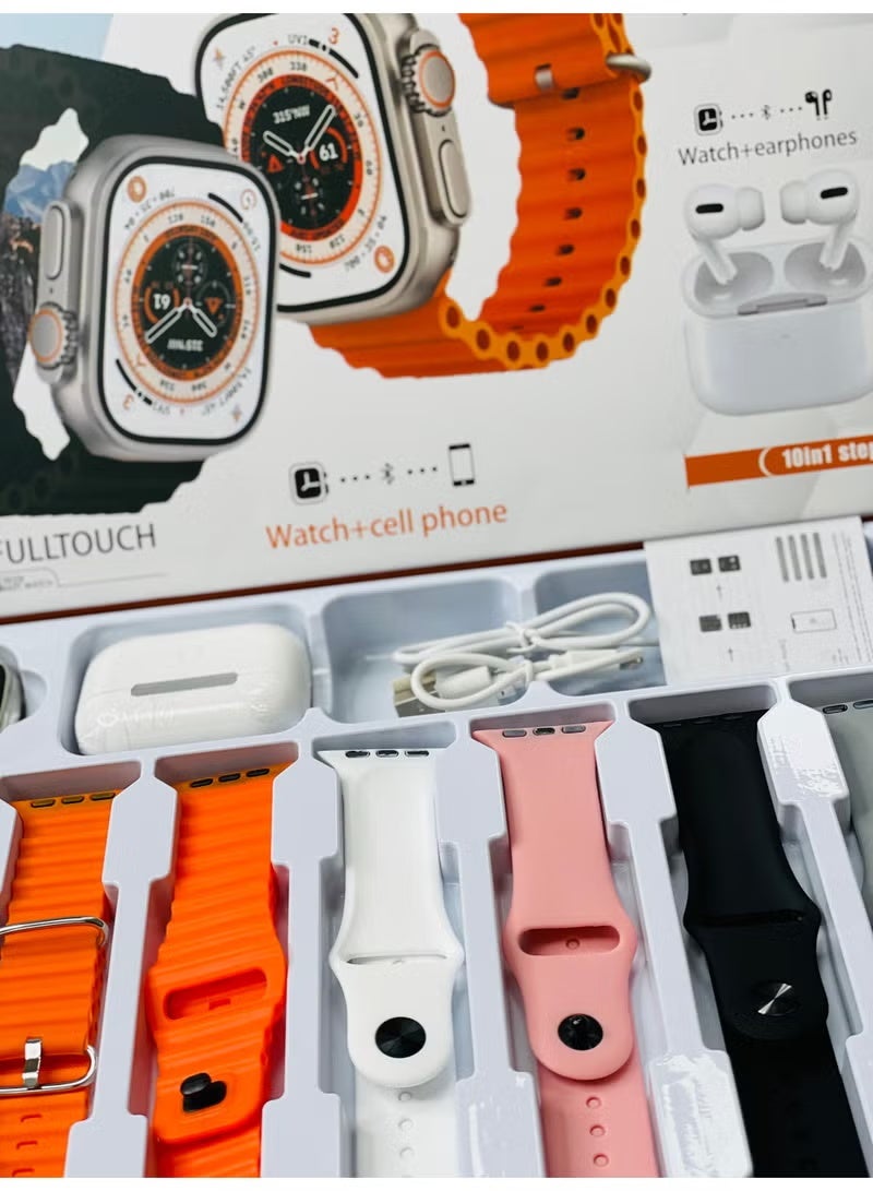 Raxoom 10 in1 Smart Watch Ultra with Earphones Or 10 Straps Full Touch Color Screen Bluetooth Calling Health and Sports Smartwatch Multicolor - Image 2