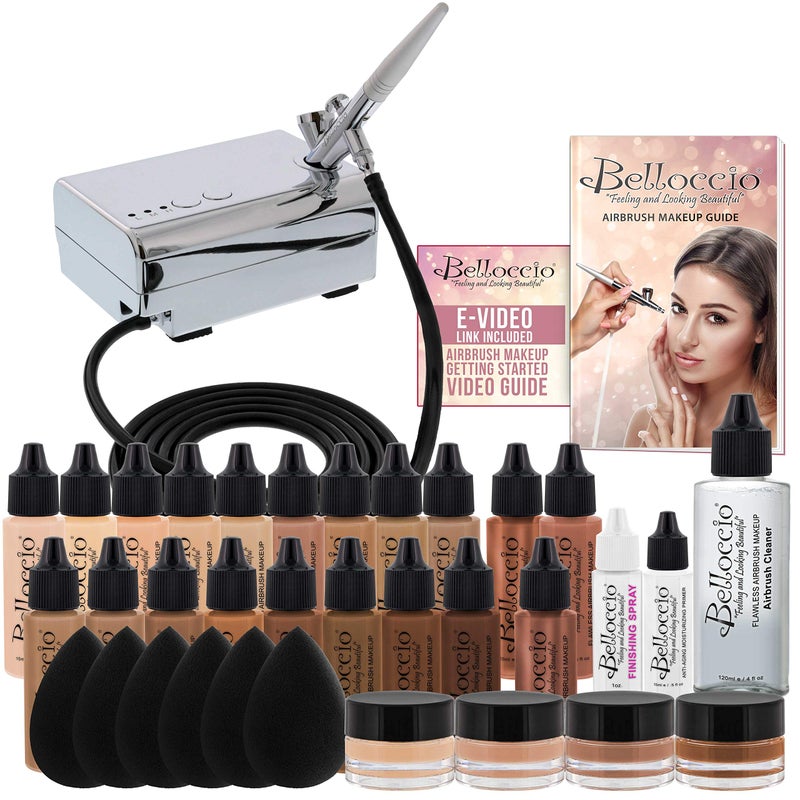 Belloccio Airbrush Cosmetic Makeup System with a MASTER SET of All 17 Foundation Shades plus Blush Shimmer and Bronzer All in 12 oz bottles