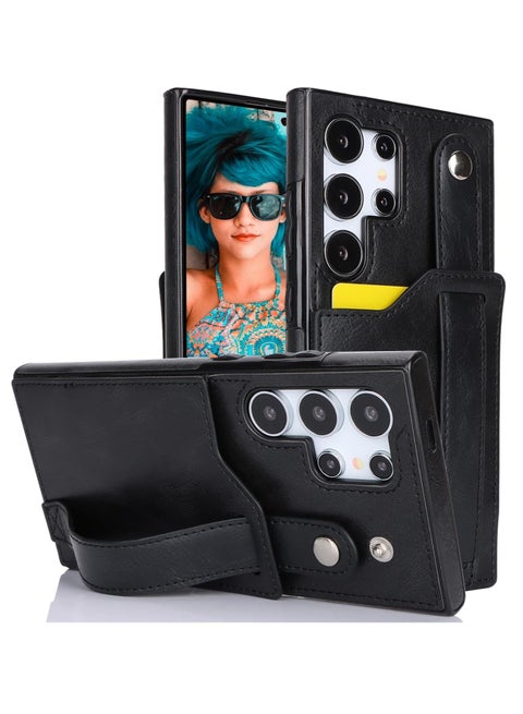 Compatible With For Samsung Galaxy S22 Ultra Wallet Case with Kickstand,Wrist Strap Hand Holder Cover with Card Slots Holder Shokcproof Case for Samsung Galaxy S22 Ultra(Black)