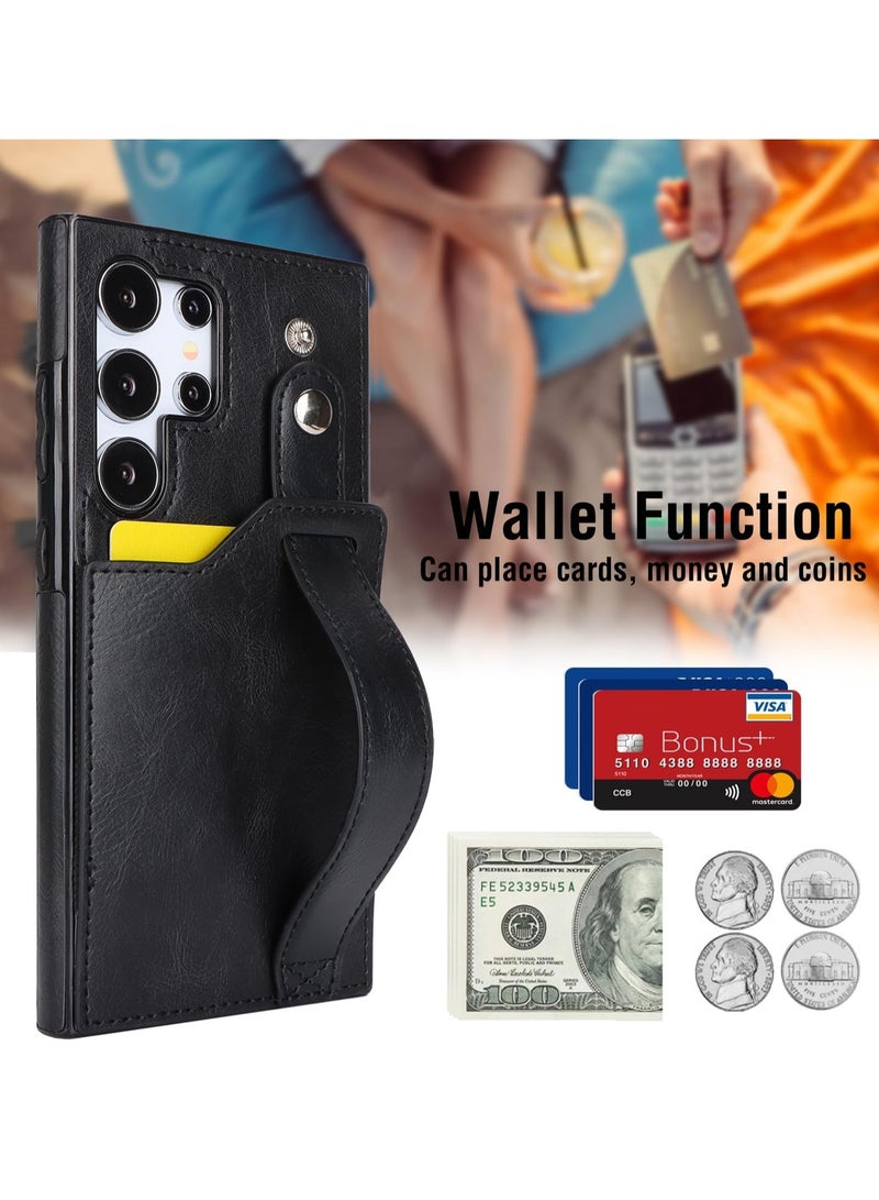 Compatible With For Samsung Galaxy S22 Ultra Wallet Case with Kickstand,Wrist Strap Hand Holder Cover with Card Slots Holder Shokcproof Case for Samsung Galaxy S22 Ultra(Black)