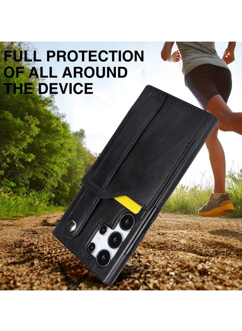 Compatible With For Samsung Galaxy S22 Ultra Wallet Case with Kickstand,Wrist Strap Hand Holder Cover with Card Slots Holder Shokcproof Case for Samsung Galaxy S22 Ultra(Black)