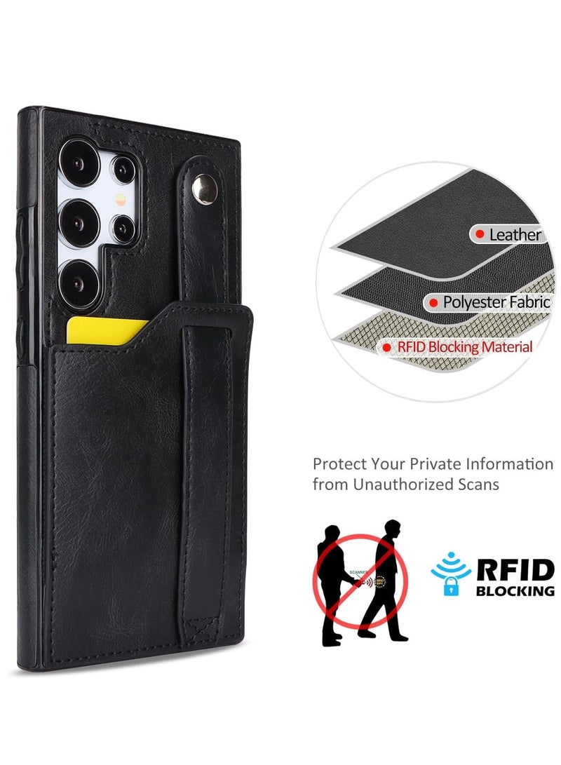 Compatible With For Samsung Galaxy S22 Ultra Wallet Case with Kickstand,Wrist Strap Hand Holder Cover with Card Slots Holder Shokcproof Case for Samsung Galaxy S22 Ultra(Black)