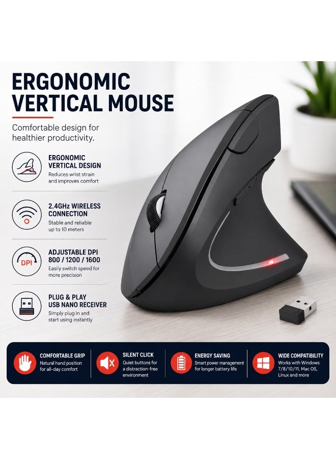 جي ديل ماوس لاسلكي عمودي مريح W925، ماوس عمودي مريح USB 2.4 جيجا هرتز، 800/1200 /1600 نقطة في البوصة، لأجهزة الكمبيوتر المحمولة وسطح المكتب والكمبيوتر الشخصي والكمبيوتر المحمول - Image 4