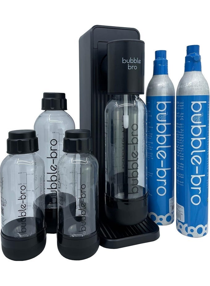 ORIGIN SPARKLING WATER MAKER FAMILY PACK - WITH 2 X 60L CO2 CYLINDERS, 1 X ADDITIONAL 1L BOTTLE & 2 X 500ML BOTTLES (BLACK)