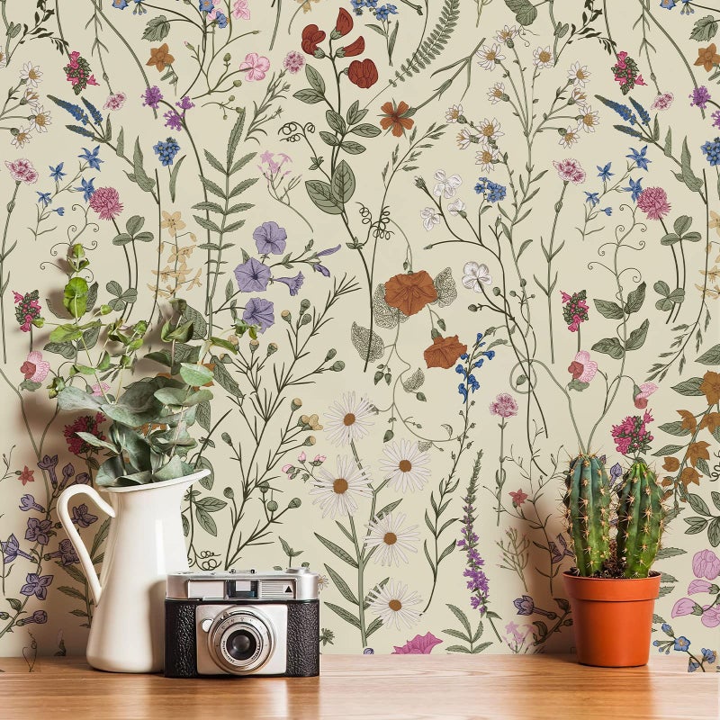 JiffDiff Wallpaper Self-Adhesive Blooming Vintage Colourful Flowers Wall Paper for Bedroom Living Room Cabinet, Peel and Stick Beige Sketch Little Flowers Wallpaper Mural 7.1 sq. feet (59"x17.3") - Image 1