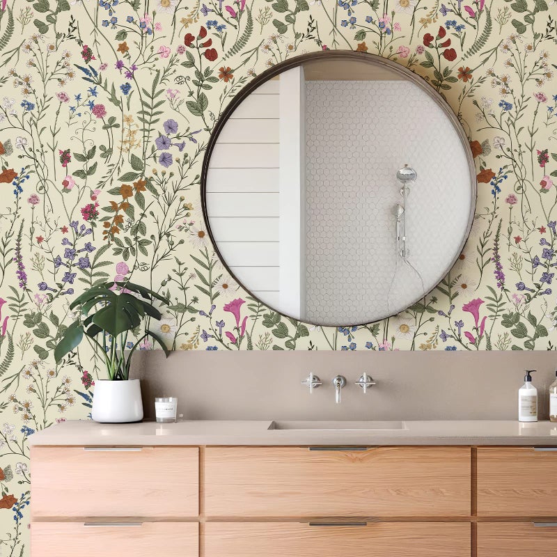 JiffDiff Wallpaper Self-Adhesive Blooming Vintage Colourful Flowers Wall Paper for Bedroom Living Room Cabinet, Peel and Stick Beige Sketch Little Flowers Wallpaper Mural 7.1 sq. feet (59"x17.3") - Image 2