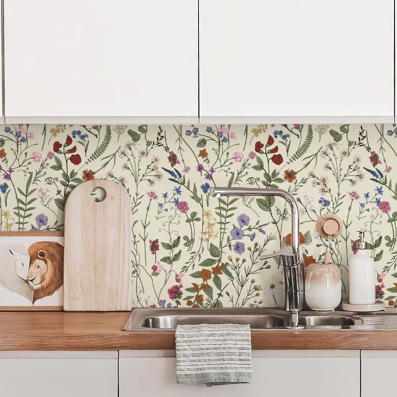JiffDiff Wallpaper Self-Adhesive Blooming Vintage Colourful Flowers Wall Paper for Bedroom Living Room Cabinet, Peel and Stick Beige Sketch Little Flowers Wallpaper Mural 7.1 sq. feet (59"x17.3") - Image 4